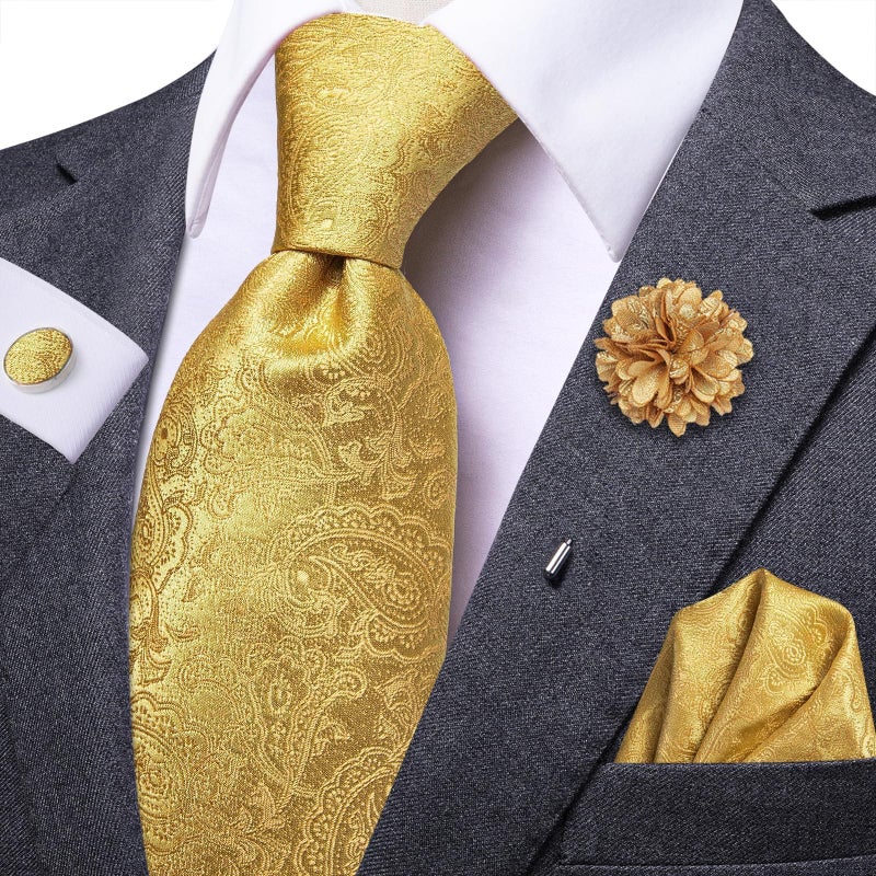 Dubulle Mens Tie and Lapel Pin Gold Paisley Striped Floral Necktie for Men Pocket Square Cufflinks Wedding Party - Image 3